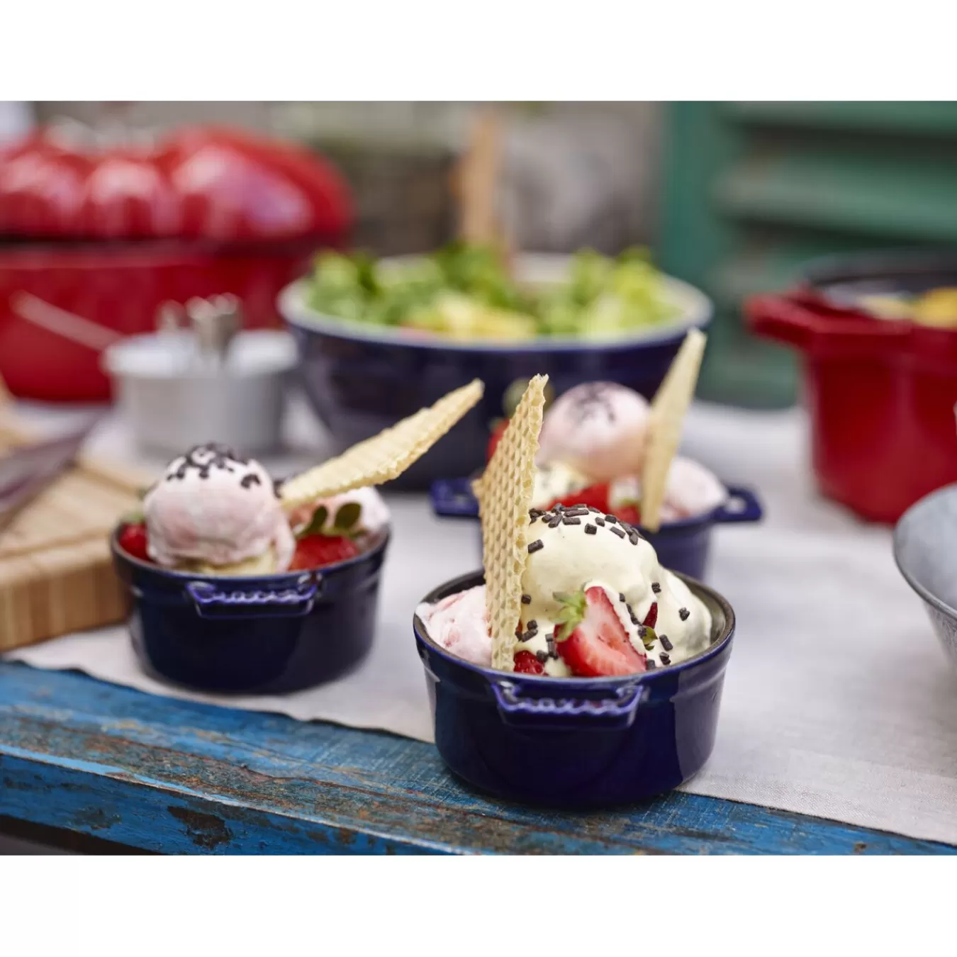 STAUB Dessert Bowls*3-Pc, Mini Round Cocotte Set, Dark Blue